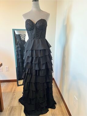 Strapless Black Ruffled Evening Gown